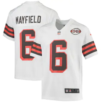 youth nike baker mayfield white cleveland browns 1946 colle